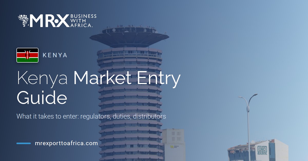 Kenya Market Entry Guide: MRX branded header with the KICC tower in Nairobi and the Kenyan flag