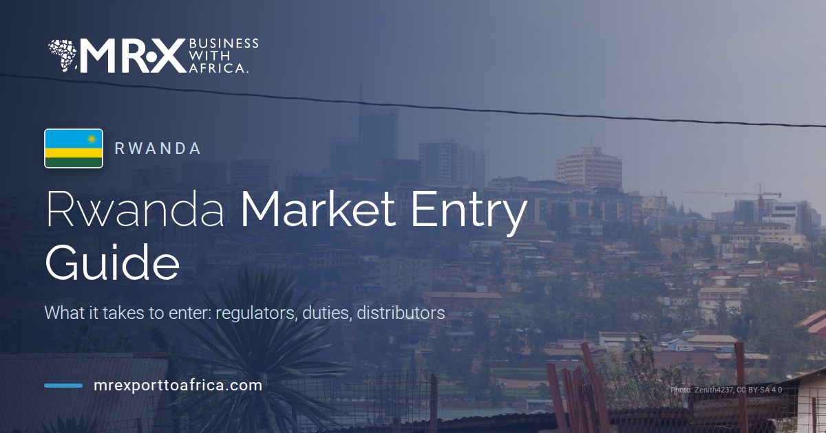 Rwanda Market Entry Guide: MRX branded header with the Kigali skyline and the Rwandan flag