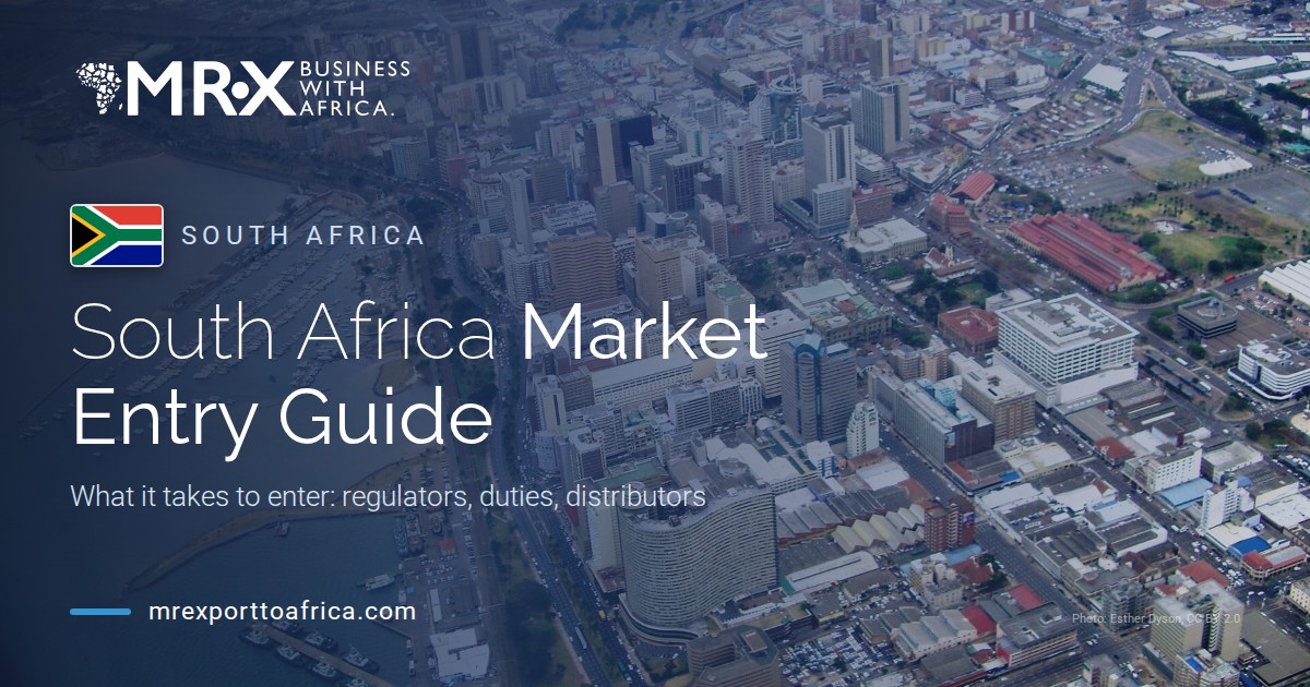 South Africa Market Entry Guide: MRX branded header with an aerial view of Durban and the South African flag