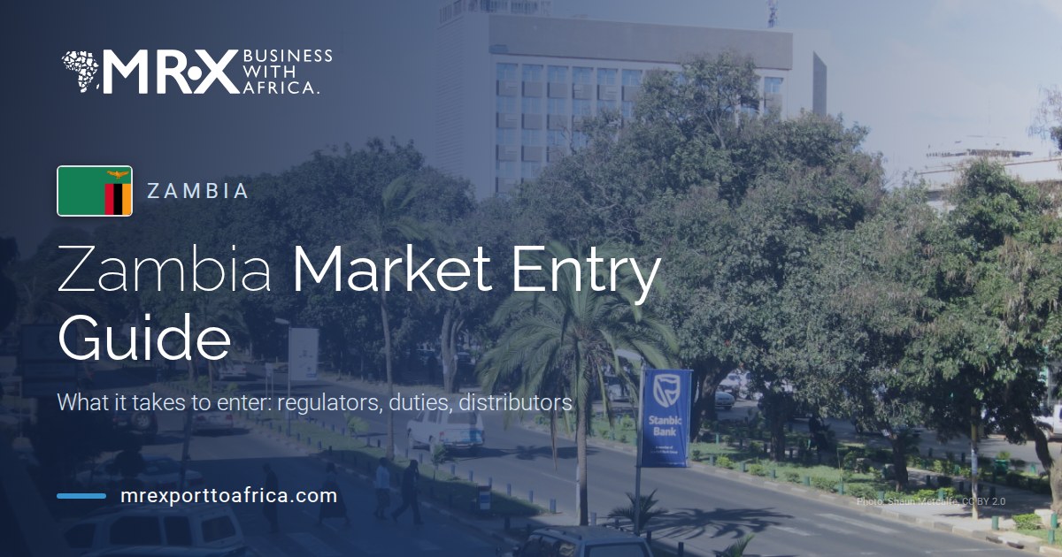 Zambia Market Entry Guide: MRX branded header with Cairo Road in Lusaka and the Zambian flag
