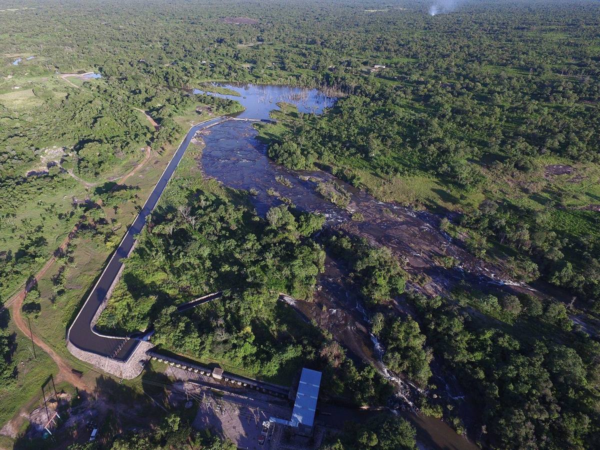 A mini-hydro power station in the Zambian bush, seen from the air
