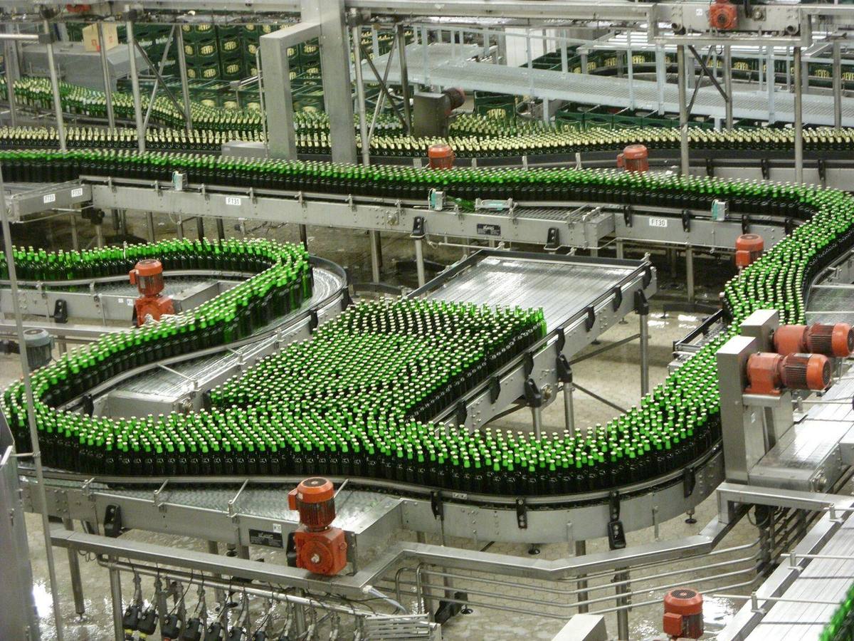 An automated bottling line in a beverage plant